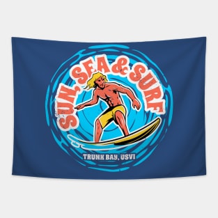 Vintage Sun, Sea & Surf Trunk Bay, US Virgin Islands // Retro Surfing // Surfer Catching Waves Tapestry