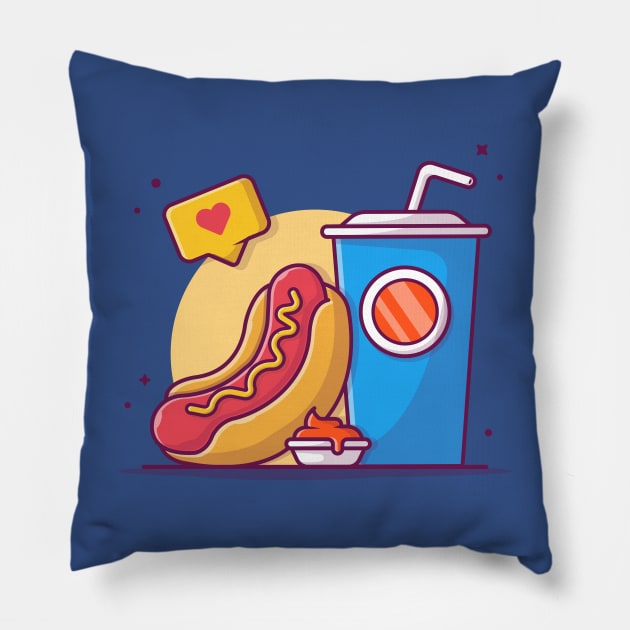 Hot dog, soda And Ketchup Cartoon Vector Icon Illustration Pillow by Catalyst Labs