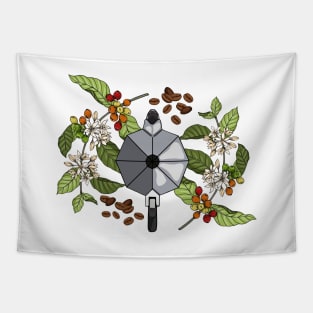 Hand Drawn Coffee Plants and Beans - Moka Pot Espresso Tapestry