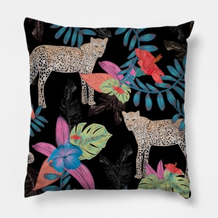 Leopard colorful tropical leaves, hibiscus artistic flower Pillow