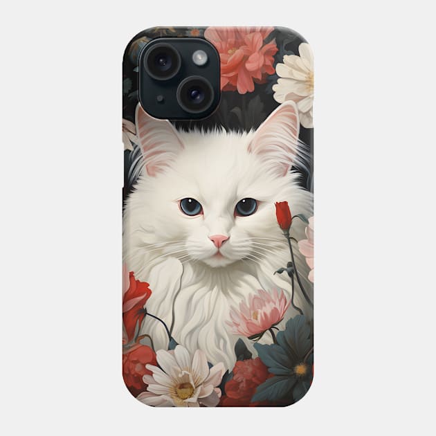 Feline Garden Delight: Retro Vintage Fluffy White Cat surrounded in Flowers Phone Case by KittyStampedeCo