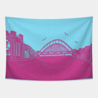 Bridges of NewcastleGateshead Quayside Linocut in Turquoise and Raspberry Tapestry