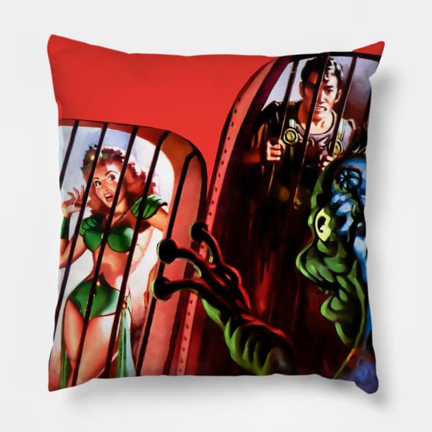 Sexy Woman Man from Planet Earth Prisoners of Alien Monster Cage Bar Retro Comic Vintage Cartoon Pillow by REVISTANGO