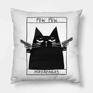 Funny black cat and inscription "Pew pew" Pillow