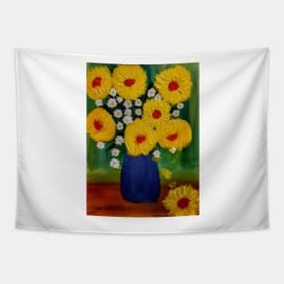 some beautiful sunflowers in a blue vase Tapestry
