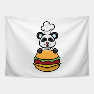 Sticker and Label Of  Cute Baby Panda Chef On Burger Tapestry