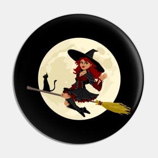 Good Witch With Black Cat On Broomstick Waving Hello Pin