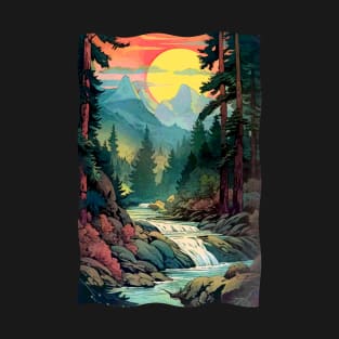 Mountains River Trees with Sunrise T-Shirt