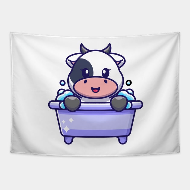 Cute cow in a bathtub cartoon character Tapestry by Wawadzgnstuff