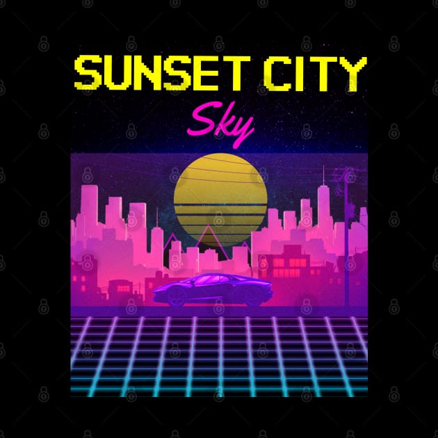 Sunset City Sky Retro Neon Arcade 80s Design by Up 4 Tee