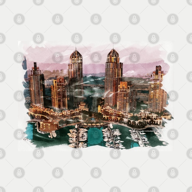 Dubai UAE Unique Watercolor Travel Souvenir Fine Art Painting by Naumovski