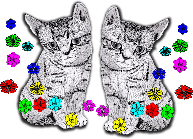Kittens in Ink and Digital Flowers Kids T-Shirt by Blissful Drizzle