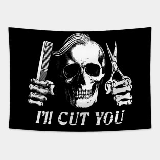 Skull Hairdresser I'll Cut You Halloween Barber Tapestry