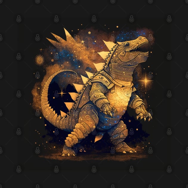 golden armor dinosaur dragon kaiju ecopop art in starry galaxy wallpaper by jorge_lebeau