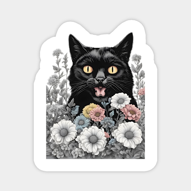 retro black cat flowers Magnet by CAFFEIN