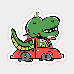 Driving a Red Car Tyrannosaurus Dinosaur Dino Cartoon Cute Character Magnet