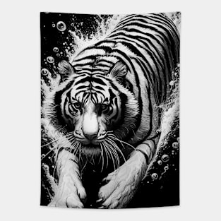 Black And White Monochromatic Tiger Underwater Tapestry