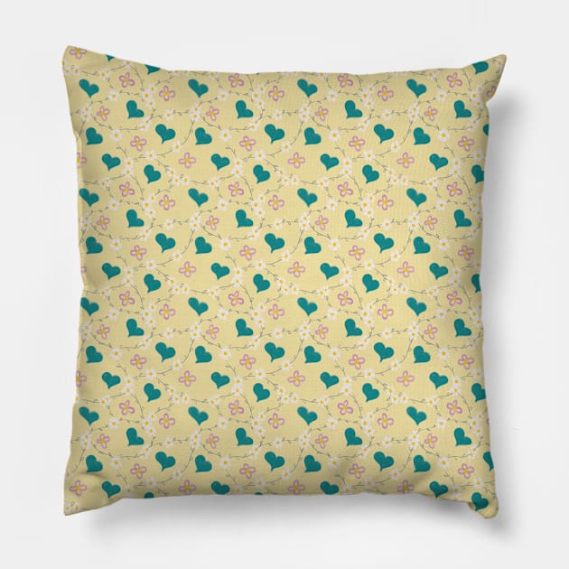 Spring Longing Collection - Hearts and Flowers Pattern Pillow by Missing.In.Art
