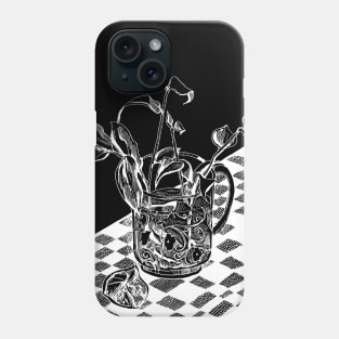 White outline on a black background. Still life with flowers. Phone Case