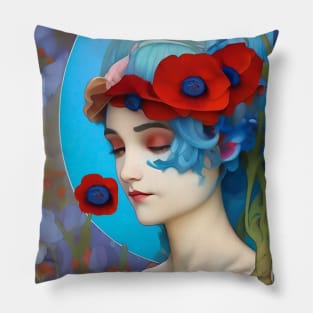 Dreamy pop surreal design of a pretty girl with blue hair flowers and red poppies Pillow