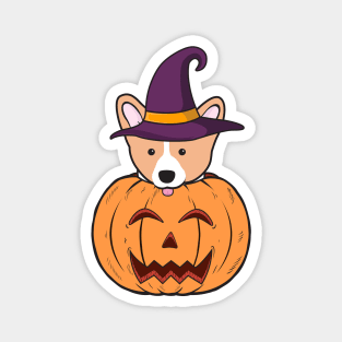 Halloween Cute Corgi With Witch Hat Stuck In A Pumpkin Head. Magnet