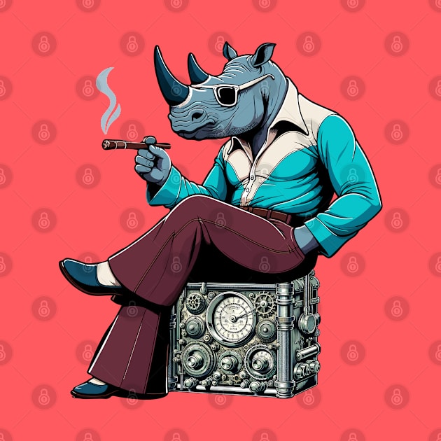 70s rhino Relaxing on steampunk Radio - Unique Digital Art by TimeWarpWildlife