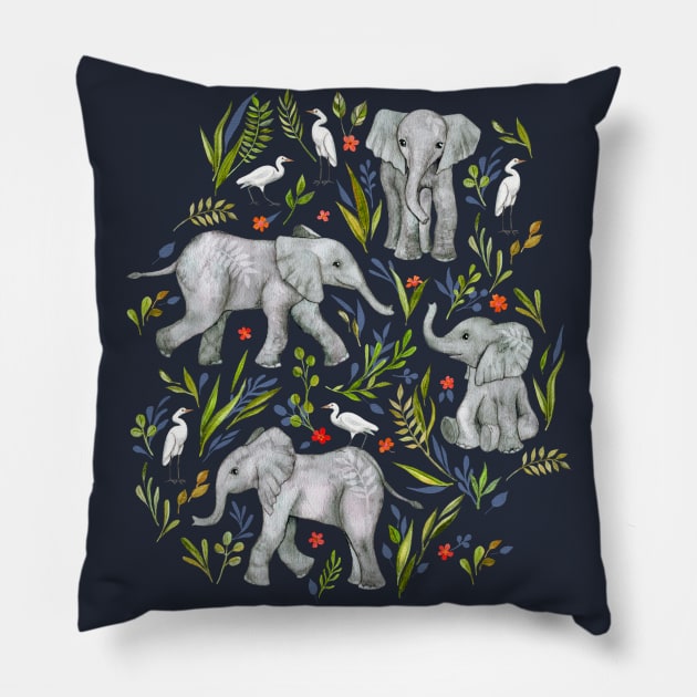 Baby Elephants and Egrets in Watercolor - navy blue Pillow by micklyn