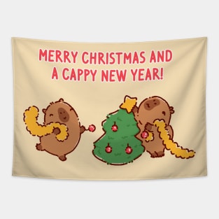 Cute capybaras decorating a christmas tree, getting ready for holidays Tapestry