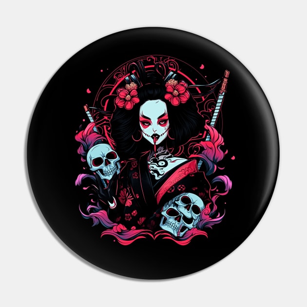 Geisha | Grim Reaper Geisha Skull | Cool Retro Japanese Aesthetic Pin by We Anomaly