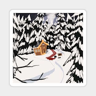 Eerie Winter Wonderland Forest Log Cabin Crime Scene Magnet