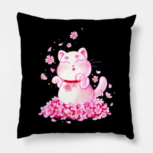 Maneki-neko with sakura blossoms Pillow