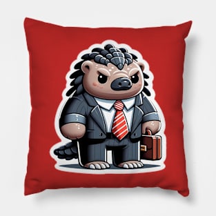 A cartoon pangolin with an oversized head wearing a tie and carrying a briefcase. Pillow