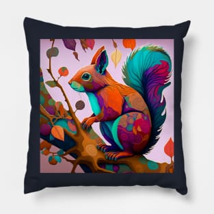 A whimsical, colorful squirrel perched on a branch Pillow