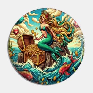 Mermaid sitting on a rock with a open treasured Pin