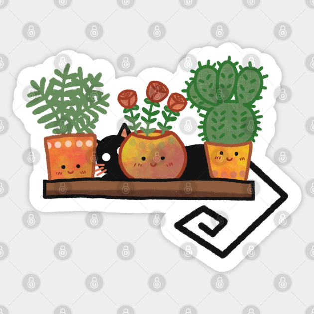 Cute Cat With Plants | Handmade Illustration | Kawaii Design | By Atelier Serakara - Black Cat - Sticker