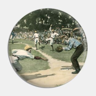 Vintage Sports, Baseball Player Sliding Safe into Home Plate Pin