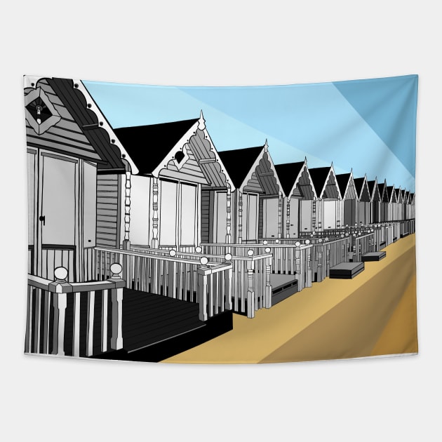 Mersea Island, Essex, Beach Huts, Black and White Tapestry by OneThreeSix