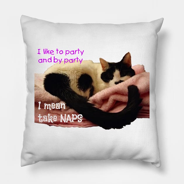 PAWTY TIME cow cat party like a napping cat Pillow by TanoshiiNeko