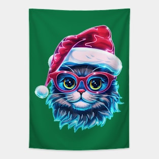 Neon  Christmas Cat Holiday Art Tapestry