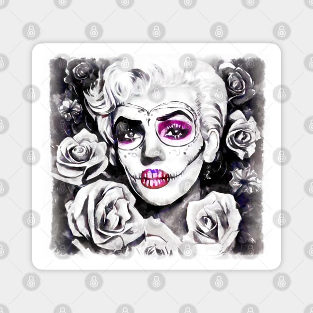 Retro sugar skull blonde with roses black and white Magnet by AnnArtshock