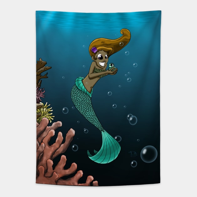 African American Mermaid and Sea Turtle Friend Tapestry by treasured-gift