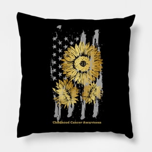 American Flag Sunflower Childhood Cancer Awareness Pillow