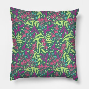 Botanicals and Dots - Hand drawn Design - Green, Pink, Teal Blue Pillow