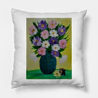 Some abstract flowers in purple and pink in a turquoise and gold vase . Pillow