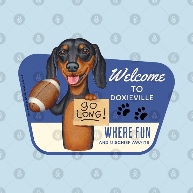 Fun Doxie Dog throwing a football and going long by Danny Gordon Art