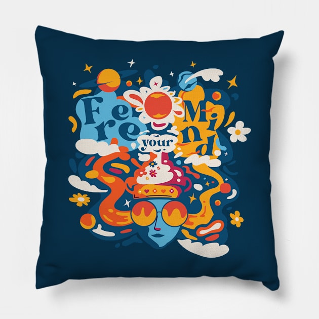 Free Your Mind // 60s Psychedelic Trippy Graphic B Pillow by SLAG_Creative