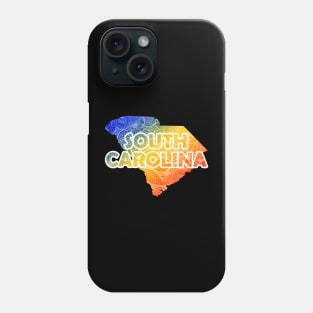 Colorful mandala art map of South Carolina with text in blue, yellow, and red Phone Case