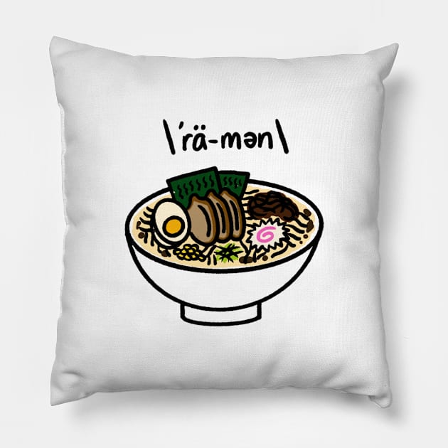 Japanese Ramen Bowl with Phonetic Text Pillow by bonniemamadraws