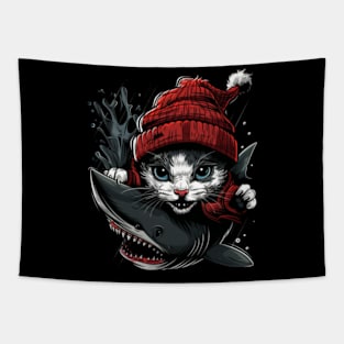 Cat Riding Shark Oceanic Expedition Tapestry