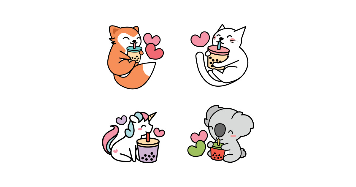 Cute Kawaii Boba Tea Animals - Cat Fox Unicorn & Koala Bear - Boba Tea